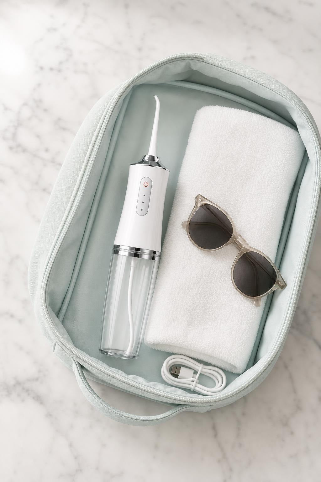 Irrigador HydroDentClean en el neceser de viaje